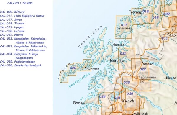 CAL-018  Tromsø Tur- og toppturkart  wandelkaart 1:50.000 9789189371637  Calazo Calazo Noorwegen noord  Wandelkaarten Noors Lapland