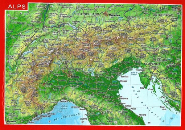 Postkaart Alpen | met reliëf 4280000002600  Georelief reliëfpostkaarten  Wandkaarten Zwitserland en Oostenrijk (en Alpen als geheel)