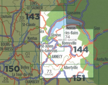SV-144  Annecy, Thonon-les-Bains | omgevingskaart / fietskaart 1:100.000 9782758543770  IGN Série Verte 1:100.000  Fietskaarten, Landkaarten en wegenkaarten Mont Blanc, Chamonix, Haute-Savoie
