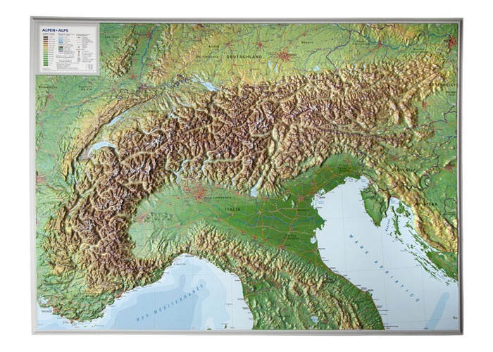 Alpen, 3-dimensionale reliefkaart 1:1.200.000, aluminium lijst 4280000002457  Georelief   Wandkaarten Zwitserland en Oostenrijk (en Alpen als geheel)