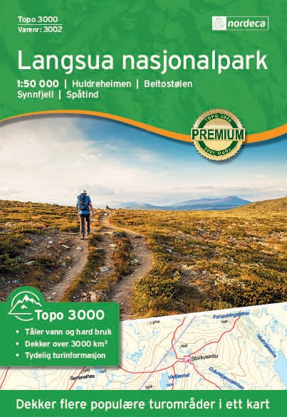 NO-3002  Langsua | topografische wandelkaart 1:50.000 7046660030028  Nordeca Topo 3000  Wandelkaarten Midden-Noorwegen