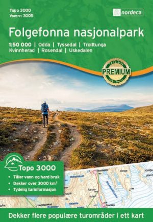 NO-3005  Folgefonna Nasjonalpark | topografische wandelkaart 1:50.000 7046660030059  Nordeca Topo 3000  Wandelkaarten Zuid-Noorwegen