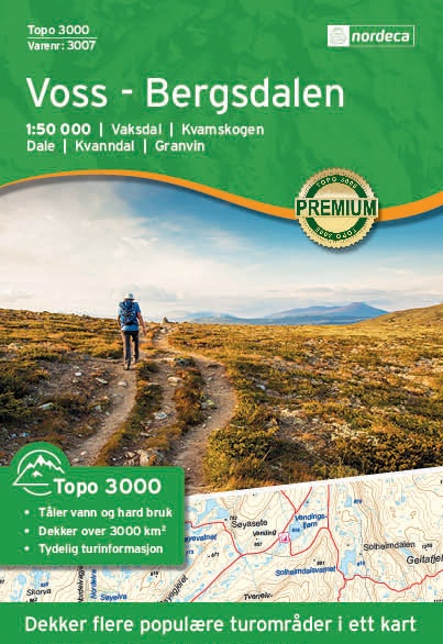 NO-3007 Voss - Bergsdalen | topografische wandelkaart 1:50.000 7046660030073  Nordeca Topo 3000  Wandelkaarten Zuid-Noorwegen