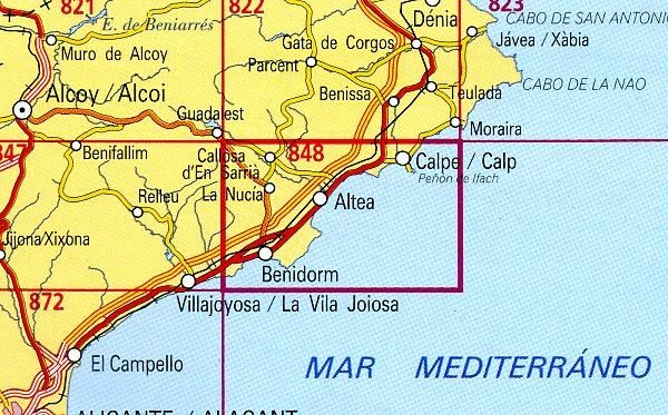 Hoja-848  Benidorm, Altea | topografische wandelkaart 1:50.000 8423434084804  CNIG Spanje 1:50.000  Wandelkaarten Costa Blanca, Costa del Azahar, Castellón
