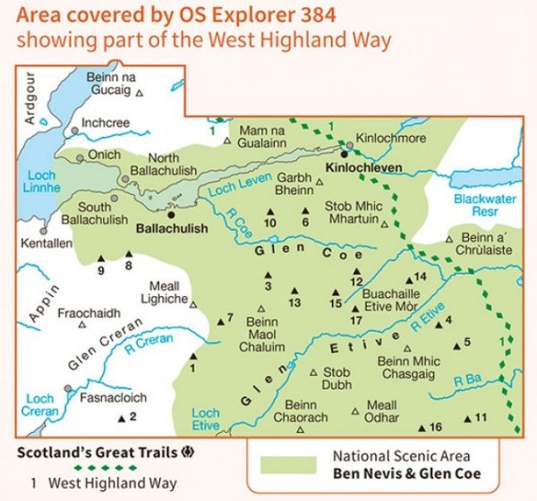 EXP-384  Glen Coe & Glen Etive | wandelkaart 1:25.000 9780319246306  Ordnance Survey Explorer Maps 1:25t.  Wandelkaarten de Schotse Hooglanden (ten noorden van Glasgow / Edinburgh)