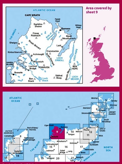 LR-009  Cape Wrath, Durness + Scourie | topografische wandelkaart 9780319261071  Ordnance Survey Landranger Maps 1:50.000  Wandelkaarten de Schotse Hooglanden (ten noorden van Glasgow / Edinburgh)