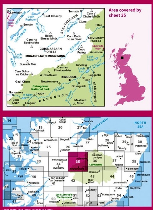 LR-035  Kingussie + Monadhliath Mts. | topografische wandelkaart 9780319261330  Ordnance Survey Landranger Maps 1:50.000  Wandelkaarten de Schotse Hooglanden (ten noorden van Glasgow / Edinburgh)