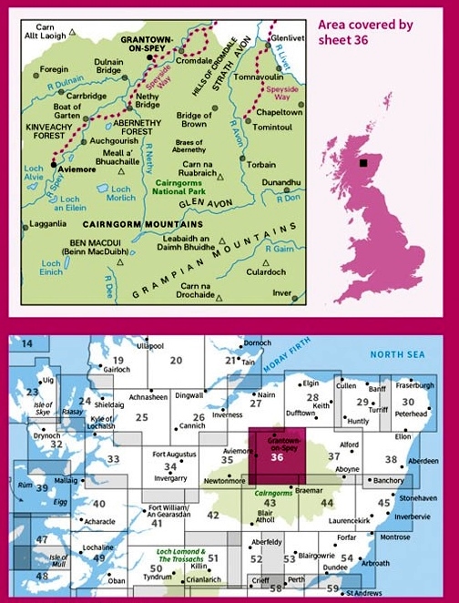 LR-036  Grantown, Aviemore & Cairngorm | topografische wandelkaart 9780319261347  Ordnance Survey Landranger Maps 1:50.000  Wandelkaarten de Schotse Hooglanden (ten noorden van Glasgow / Edinburgh)