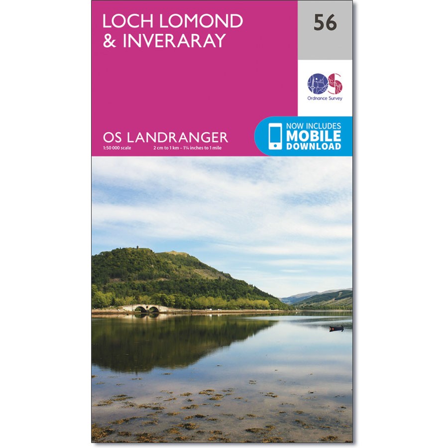 LR-056  Loch Lomond, Inveraray | topografische wandelkaart 9780319261545  Ordnance Survey Landranger Maps 1:50.000  Wandelkaarten de Schotse Hooglanden (ten noorden van Glasgow / Edinburgh)