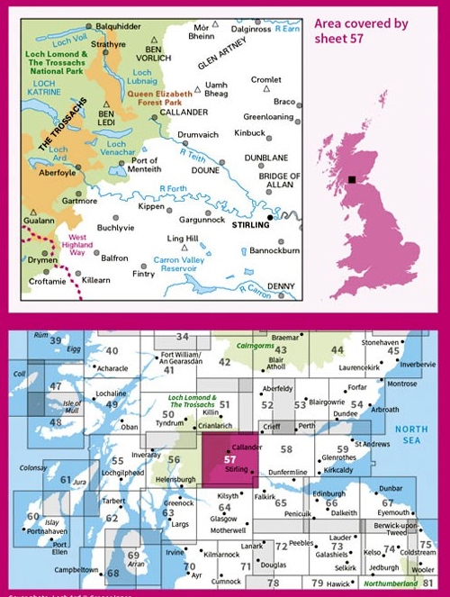LR-057  Stirling + the Trossachs | topografische wandelkaart 9780319261552  Ordnance Survey Landranger Maps 1:50.000  Wandelkaarten de Schotse Hooglanden (ten noorden van Glasgow / Edinburgh)