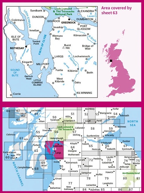 LR-063  Firth of Clyde Area | topografische wandelkaart 9780319261613  Ordnance Survey Landranger Maps 1:50.000  Wandelkaarten de Schotse Hooglanden (ten noorden van Glasgow / Edinburgh)