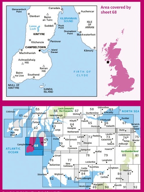 LR-068  South Kintyre + Campbeltown | topografische wandelkaart 9780319261668  Ordnance Survey Landranger Maps 1:50.000  Wandelkaarten Skye & the Western Isles