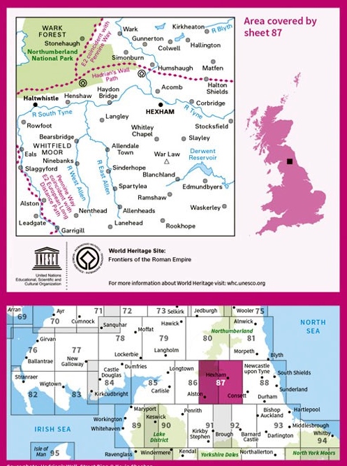 LR-087  Hexham, Haltwhistle | topografische wandelkaart 9780319261859  Ordnance Survey Landranger Maps 1:50.000  Wandelkaarten Noordoost-Engeland