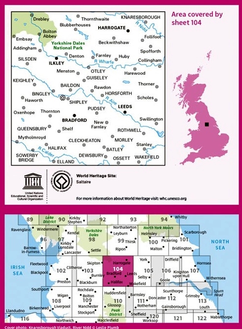 LR-104  Leeds, Bradford + Harrogate | topografische wandelkaart 9780319262023  Ordnance Survey Landranger Maps 1:50.000  Wandelkaarten Noordoost-Engeland