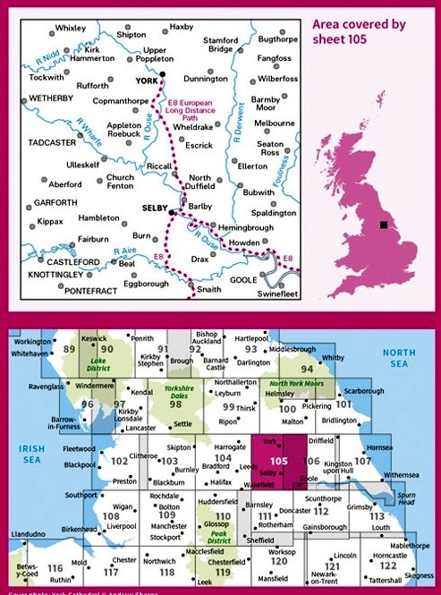 LR-105  York + Selby | topografische wandelkaart 9780319262030  Ordnance Survey Landranger Maps 1:50.000  Wandelkaarten Noordoost-Engeland