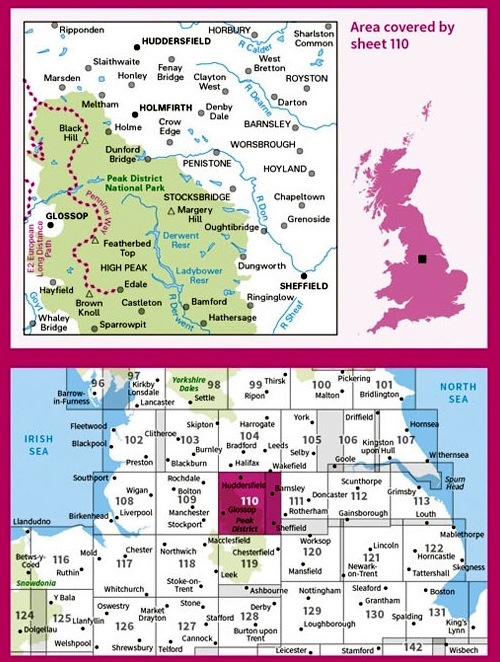 LR-110  Sheffield + Huddersfield, Glossop,Holmfirth | topografische wandelkaart 9780319262085  Ordnance Survey Landranger Maps 1:50.000  Wandelkaarten Noordoost-Engeland