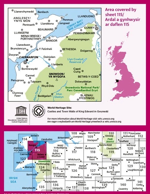 LR-115  Snowdon & surroundings | topografische wandelkaart 9780319262139  Ordnance Survey Landranger Maps 1:50.000  Wandelkaarten Noord-Wales, Anglesey, Snowdonia