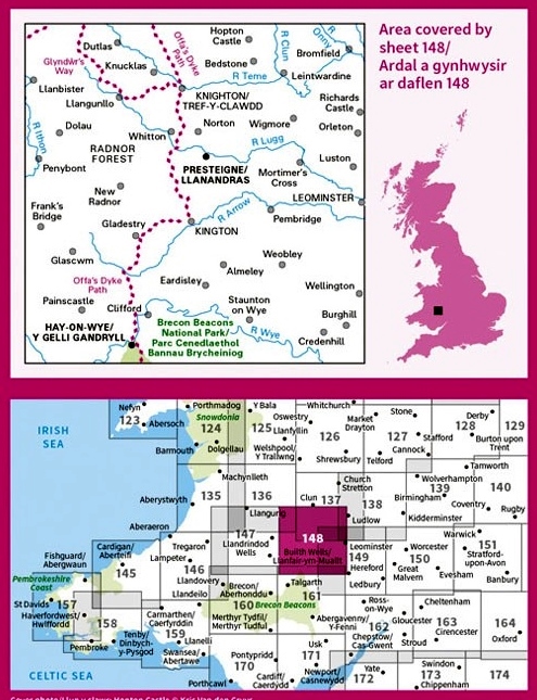 LR-148  Presteigne + Hay-on-Wye | topografische wandelkaart 9780319262467  Ordnance Survey Landranger Maps 1:50.000  Wandelkaarten Zuid-Wales, Pembrokeshire, Brecon Beacons