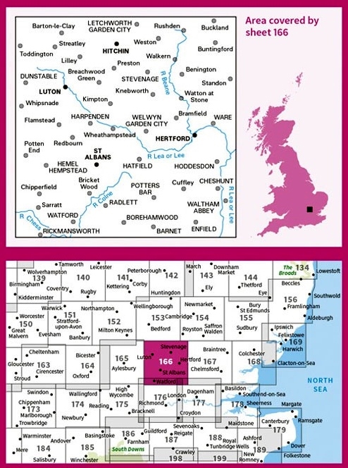 LR-166  Luton, Hertford | topografische wandelkaart 9780319262641  Ordnance Survey Landranger Maps 1:50.000  Wandelkaarten Midlands, Cotswolds