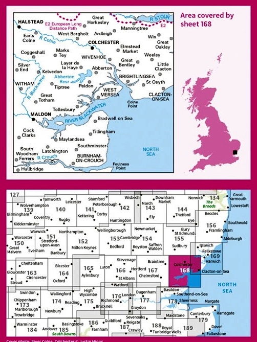 LR-168  Colchester + The Blackwater | topografische wandelkaart 9780319262665  Ordnance Survey Landranger Maps 1:50.000  Wandelkaarten Oost-Engeland