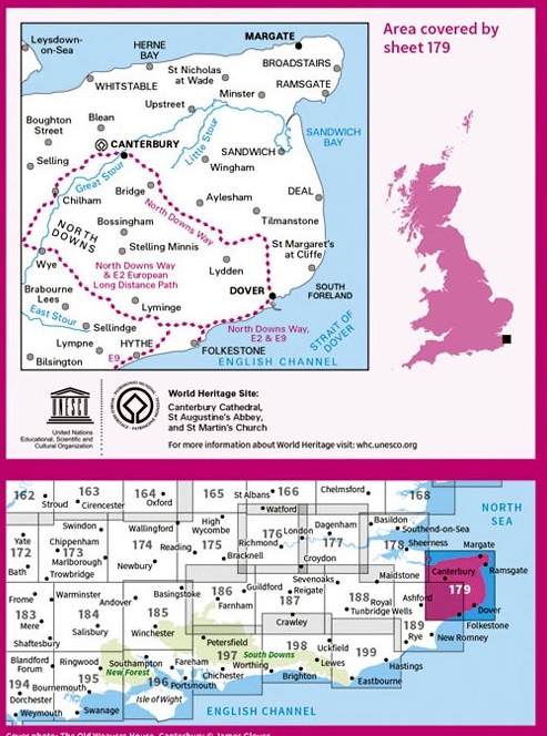 LR-179  Canterbury & East Kent | topografische wandelkaart 9780319262771  Ordnance Survey Landranger Maps 1:50.000  Wandelkaarten Zuidoost-Engeland