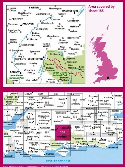 LR-185  Winchester, Basingstoke | topografische wandelkaart 9780319262832  Ordnance Survey Landranger Maps 1:50.000  Wandelkaarten Zuidoost-Engeland