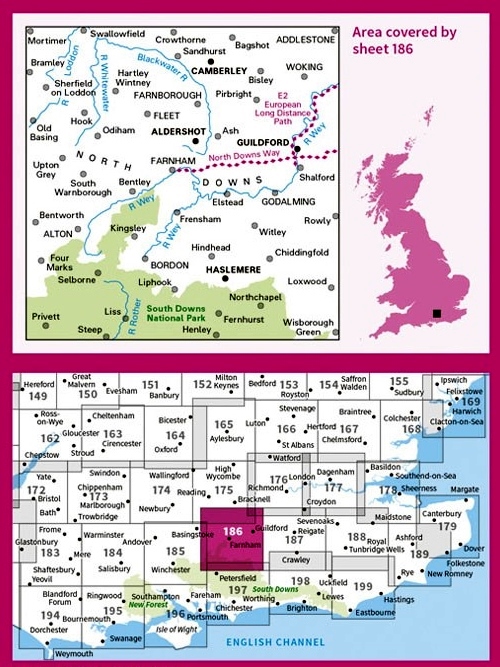 LR-186  Aldershot, Guildford | topografische wandelkaart 9780319262849  Ordnance Survey Landranger Maps 1:50.000  Wandelkaarten Zuidoost-Engeland