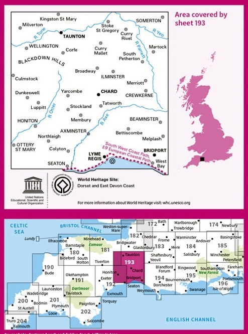 LR-193  Taunton to Lyme Regis | topografische wandelkaart 9780319262917  Ordnance Survey Landranger Maps 1:50.000  Wandelkaarten West Country