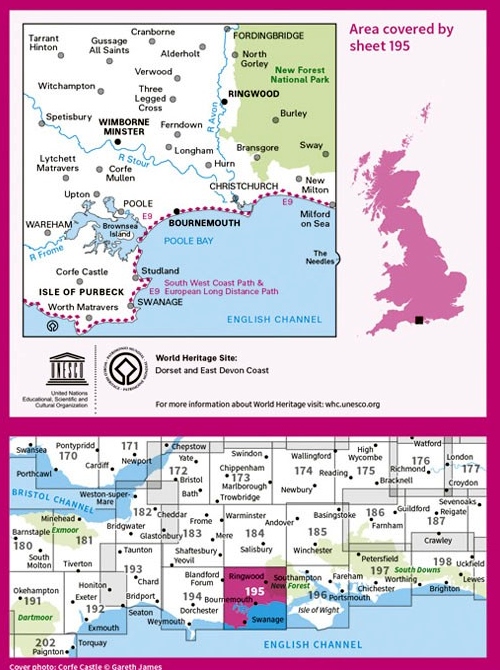 LR-195  Bournemouth, Purbeck | topografische wandelkaart 9780319262931  Ordnance Survey Landranger Maps 1:50.000  Wandelkaarten West Country