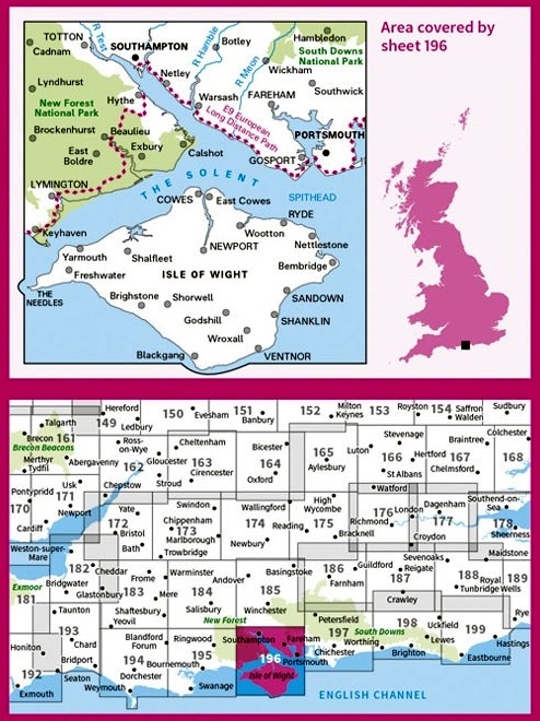 LR-196  Solent + The Isle of Wight | topografische wandelkaart 9780319262948  Ordnance Survey Landranger Maps 1:50.000  Wandelkaarten Zuidoost-Engeland