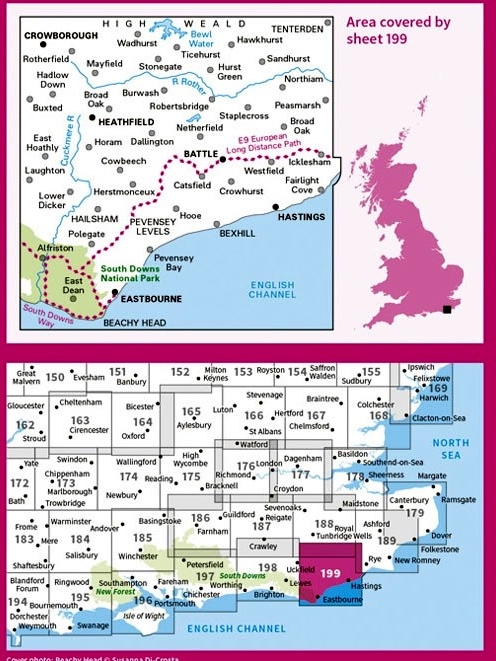 LR-199  Eastbourne, Hastings | topografische wandelkaart 9780319262979  Ordnance Survey Landranger Maps 1:50.000  Wandelkaarten Zuidoost-Engeland