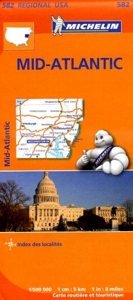 582  Mid-Atlantic / Allegheny 1:500.000 9782067184565  Michelin Michelinkaarten USA  Landkaarten en wegenkaarten New York, Pennsylvania, Washington DC