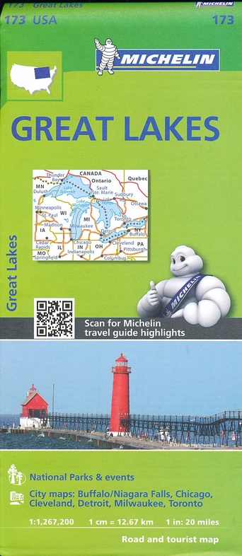 173 Great Lakes 1:1.267.200 9782067190856  Michelin Michelinkaarten USA  Landkaarten en wegenkaarten Grote Meren, Chicago, Centrale VS –Noord