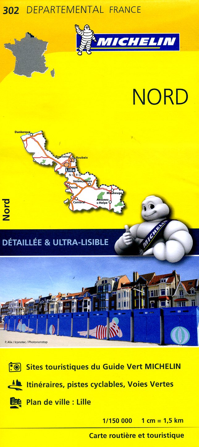 302  Nord | wegenkaart, fietskaart 1:150.000 9782067202030  Michelin Local / Departementskaarten  Landkaarten en wegenkaarten Picardie, Nord
