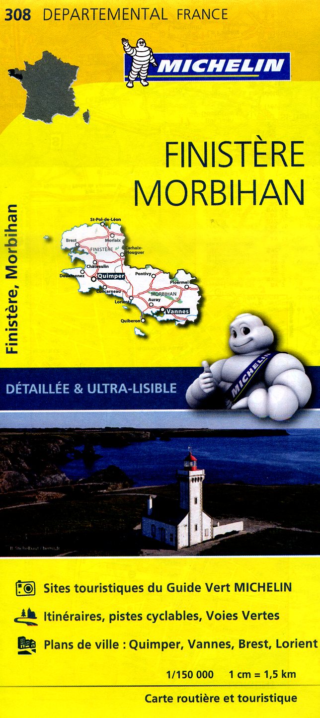 308  Finistère, Morbihan | wegenkaart, fietskaart 1:150.000 9782067202092  Michelin Local / Departementskaarten  Landkaarten en wegenkaarten Bretagne