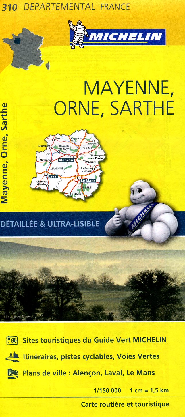 310  Mayenne, Orne, Sarthe | wegenkaart, fietskaart 1:150.000 9782067202122  Michelin Local / Departementskaarten  Landkaarten en wegenkaarten Loire & Centre