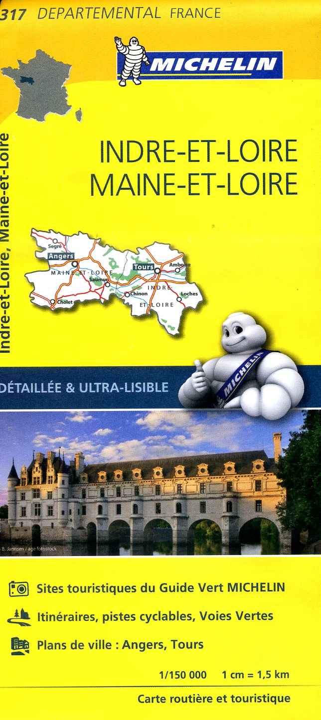 317  Indre-et-Loire, Maine-et-Loire | wegenkaart, fietskaart 1:150.000 9782067202191  Michelin Local / Departementskaarten  Landkaarten en wegenkaarten Loire & Centre