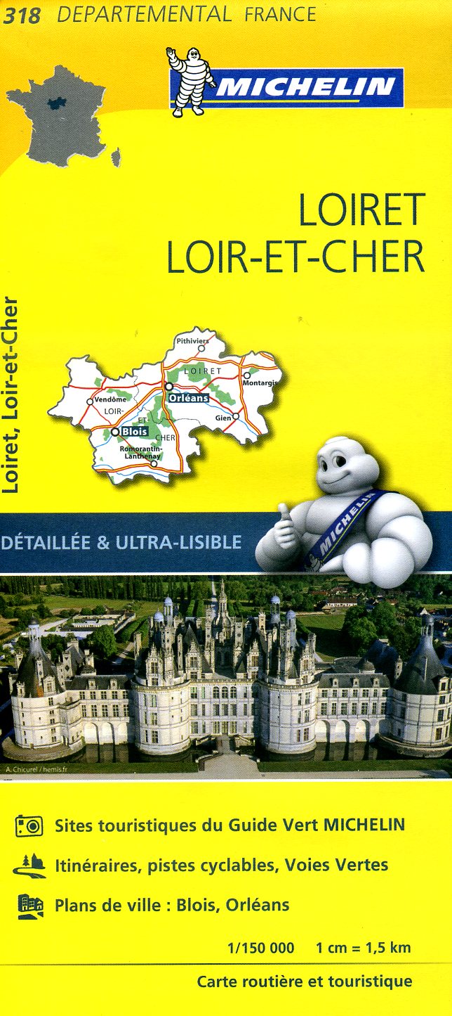 318  Loiret, Loir-et-Cher | wegenkaart, fietskaart 1:150.000 9782067202207  Michelin Local / Departementskaarten  Landkaarten en wegenkaarten Loire & Centre