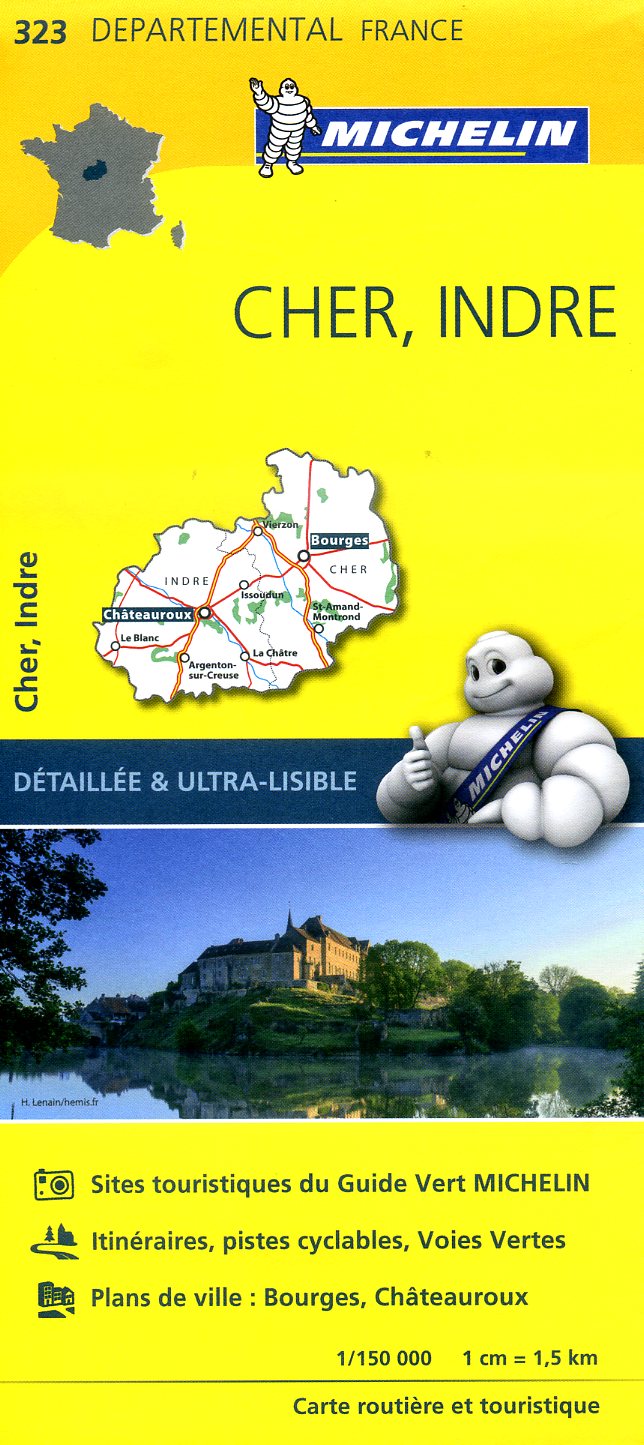 323  Cher, Indre | wegenkaart, fietskaart 1:150.000 9782067202252  Michelin Local / Departementskaarten  Landkaarten en wegenkaarten Loire & Centre