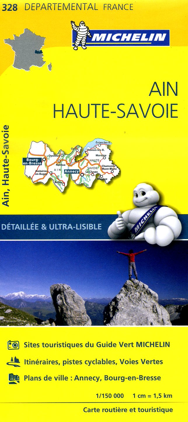 328  Ain, Haute-Savoie | wegenkaart, fietskaart 1:150.000 9782067202306  Michelin Local / Departementskaarten  Landkaarten en wegenkaarten Franse Alpen: noord, Lyon en omgeving
