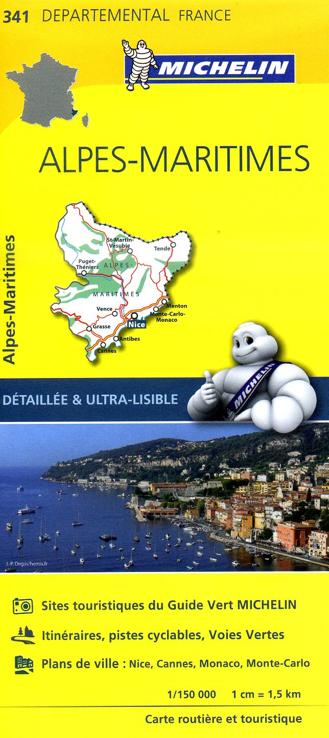 341  Alpes-Maritimes | wegenkaart, fietskaart 1:150.000 9782067202436  Michelin Local / Departementskaarten  Landkaarten en wegenkaarten Côte d’Azur, Franse Alpen: zuid