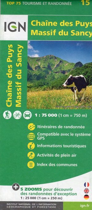 TSQ-15 Chaîne des Puys, Massif du Sancy | IGN overzichts- en wandelkaart 9782758535836  IGN TOP 75  Fietskaarten, Wandelkaarten Auvergne