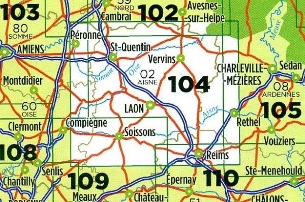 SV-104  Reims, St-Quentin | omgevingskaart / fietskaart 1:100.000 9782758540762  IGN Série Verte 1:100.000  Fietskaarten, Landkaarten en wegenkaarten Champagne, Franse Ardennen