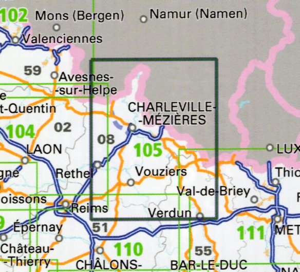 SV-105  Charleville-Mézières, Verdun | omgevingskaart / fietskaart 1:100.000 9782758540779  IGN Série Verte 1:100.000  Fietskaarten, Landkaarten en wegenkaarten Champagne, Franse Ardennen