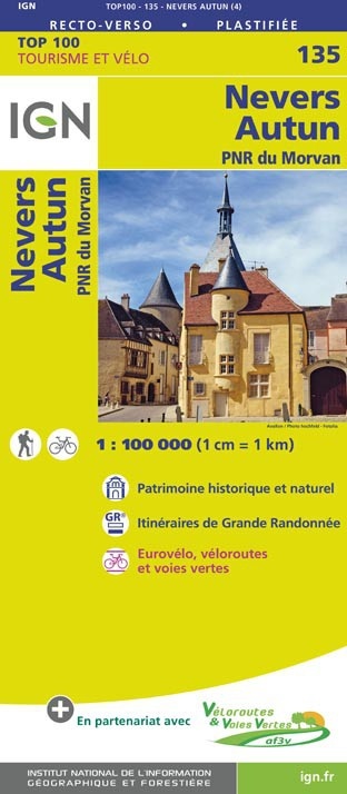 SV-135  Nevers, Autun | omgevingskaart / fietskaart 1:100.000 9782758543732  IGN Série Verte 1:100.000  Fietskaarten, Landkaarten en wegenkaarten Bourgogne