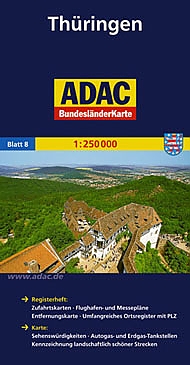Thüringen 1:250.000 9783826423208  ADAC Bundesländerkarten  Landkaarten en wegenkaarten Thüringen, Weimar, Rennsteig