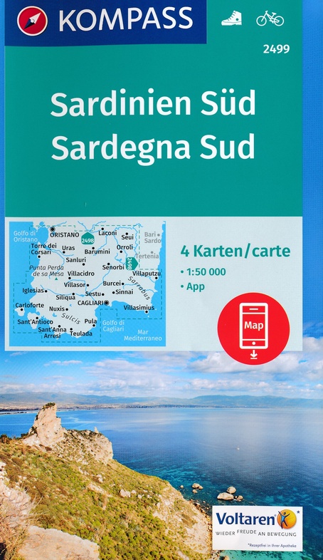 wandelkaart KP-2499 Sardinië, zuid  1:50.000 (set van 4 kaarten) | Kompass 9783990443231  Kompass Wandelkaarten Kompass Italië  Fietskaarten, Wandelkaarten Sardinië