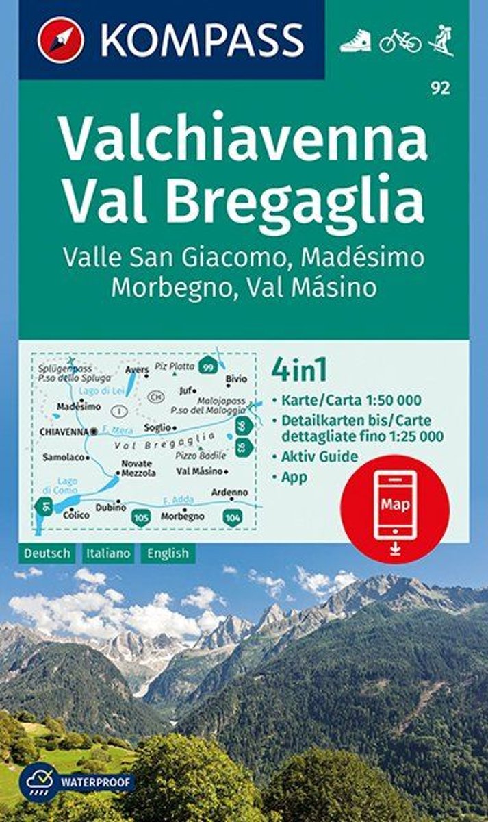 wandelkaart KP-92 Valchiavenna/ Val Bregaglia | Kompass 9783990444344  Kompass Wandelkaarten Kompass Italië  Wandelkaarten Milaan, Lombardije, Italiaanse Meren