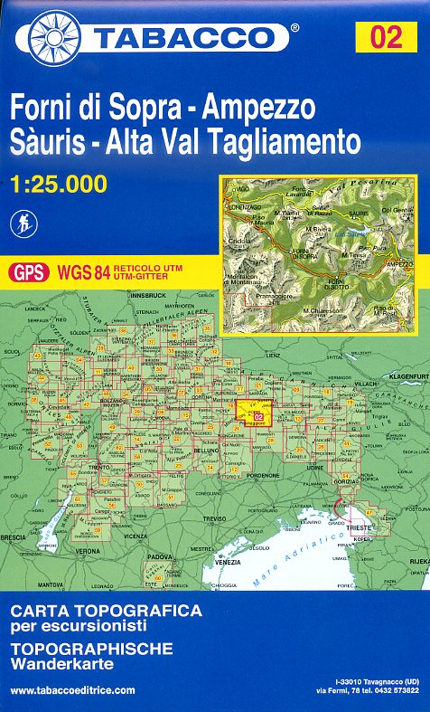 TAB-002   Forni di Sopra - Ampezzo | Tabacco wandelkaart TAB-02 9788883150029  Tabacco Tabacco 1:25.000  Wandelkaarten Veneto, Friuli