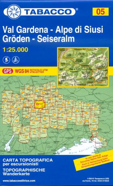 TAB-005  Val Gardena / Seiser Alm | Tabacco wandelkaart TAB-05 9788883150050  Tabacco Tabacco 1:25.000  Wandelkaarten Zuid-Tirol, Dolomieten